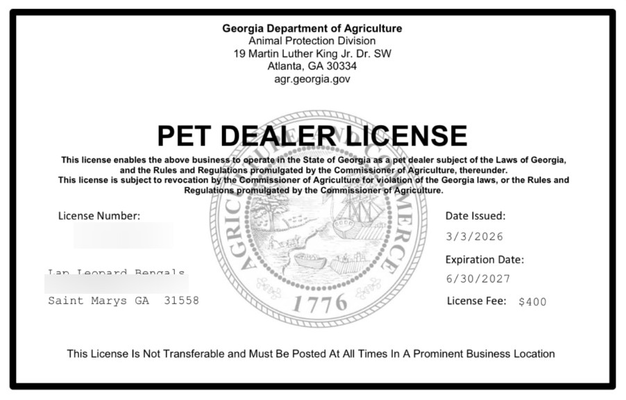 Georgia Department of Agriculture Pet Dealer License issued to Lap Leopard Bengals
