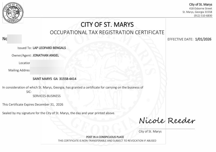 City of St. Marys Occupational Tax Registration Certificate issued to Lap Leopard Bengals
