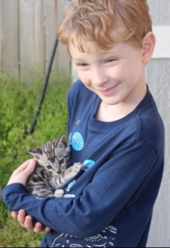 A young boy outside cradling his new Bengal kitten