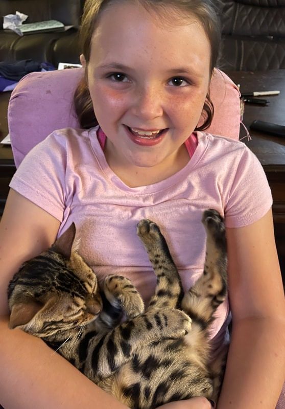 A smiling girl in pink with her Bengal nestled in her lap